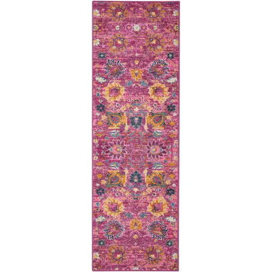 6' Fuchsia And Orange Floral Distressed Runner Rug Photo 4
