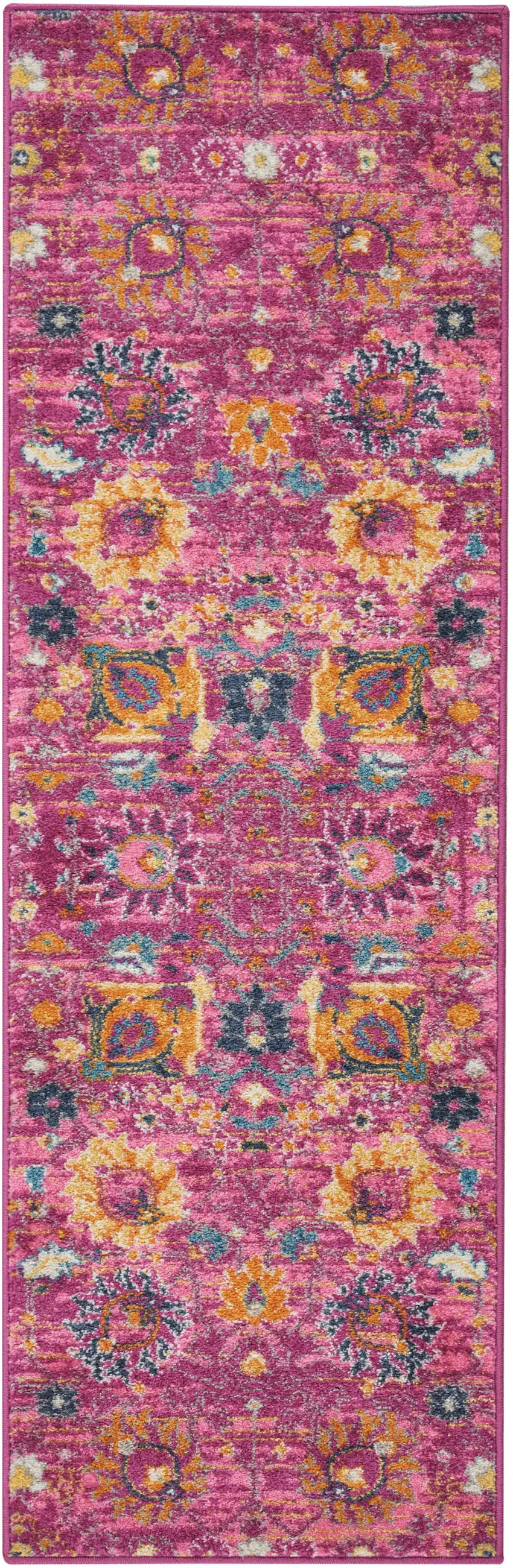 6' Fuchsia And Orange Floral Distressed Runner Rug Photo 4