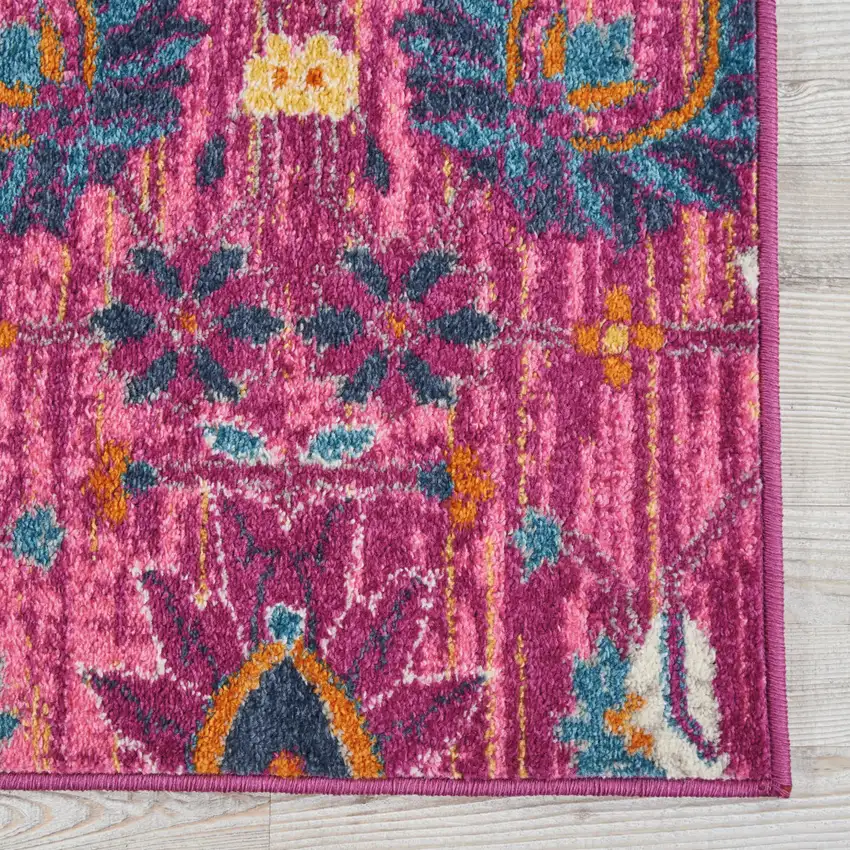 6' Fuchsia And Orange Floral Distressed Runner Rug Photo 6