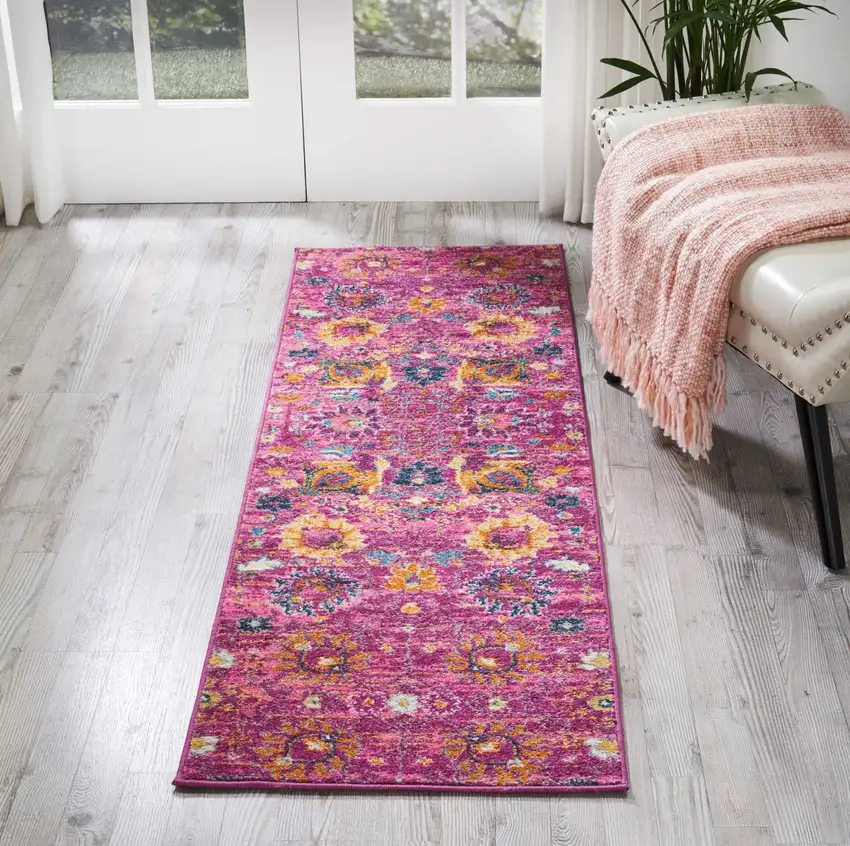 Fuchsia and Orange Distressed Runner Rug Photo 4