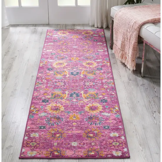 8' Fuchsia And Orange Floral Distressed Runner Rug Photo 5