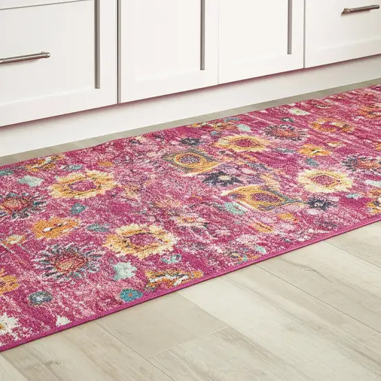 8' Fuchsia And Orange Floral Distressed Runner Rug Photo 2