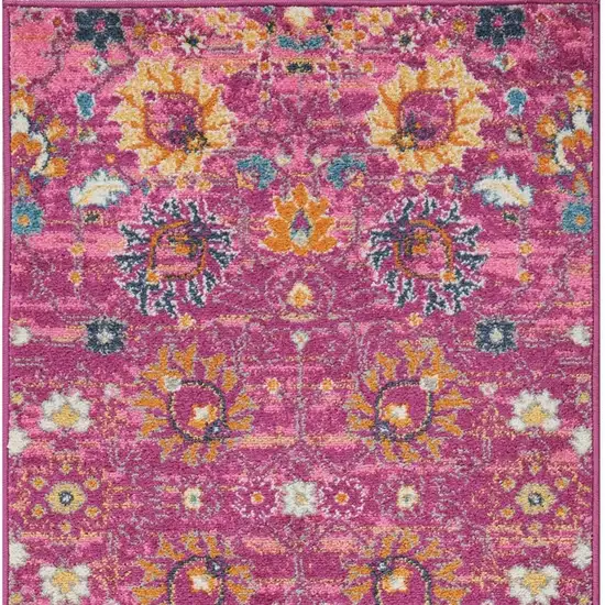 8' Fuchsia And Orange Floral Distressed Runner Rug Photo 3