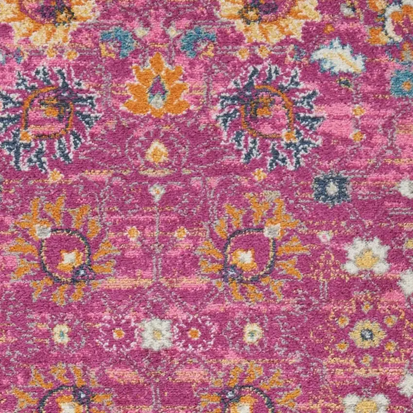 8' Fuchsia And Orange Floral Distressed Runner Rug Photo 1