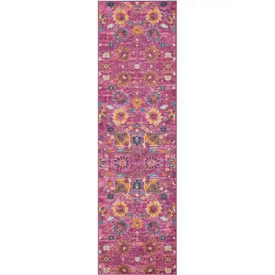 8' Fuchsia And Orange Floral Distressed Runner Rug Photo 4