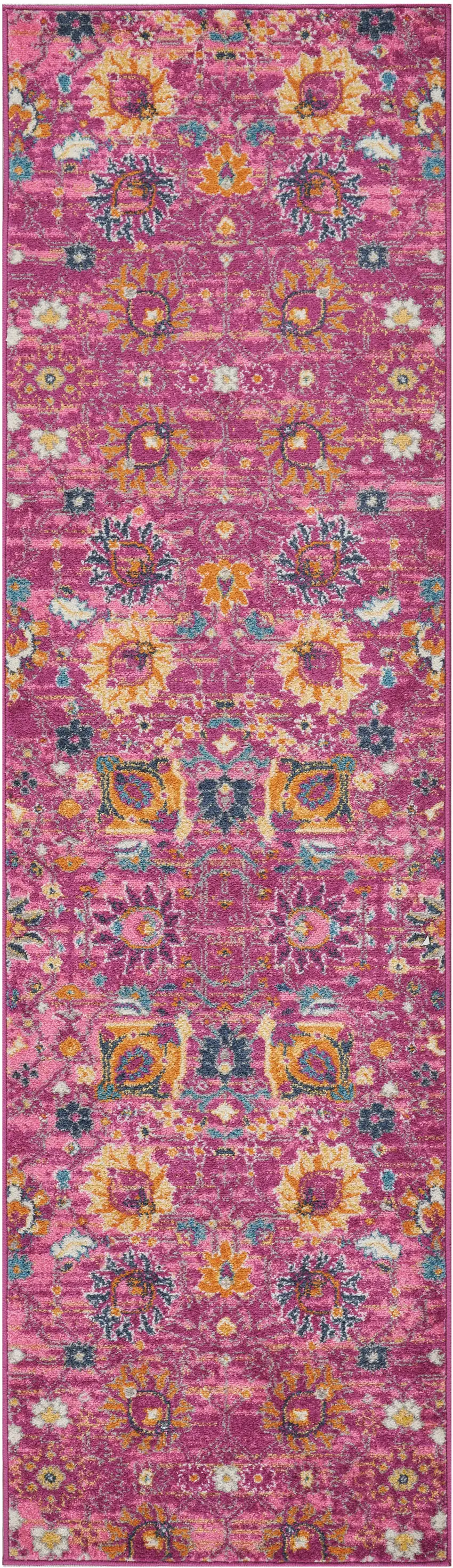 8' Fuchsia And Orange Floral Distressed Runner Rug Photo 4