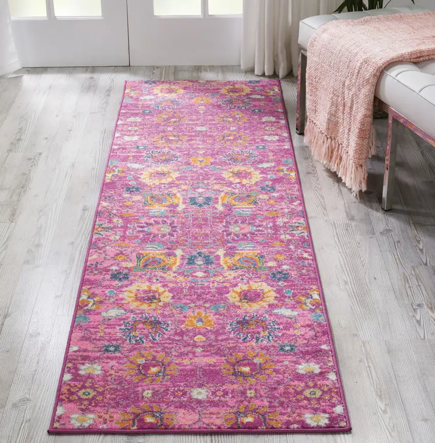 8' Fuchsia Floral Power Loom Runner Rug Photo 5