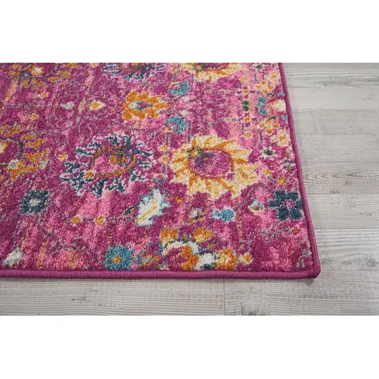 8' Fuchsia And Orange Floral Distressed Runner Rug Photo 9