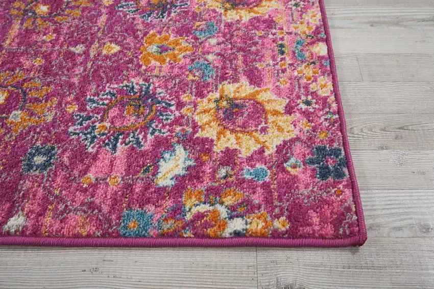 8' Fuchsia And Orange Floral Distressed Runner Rug Photo 9