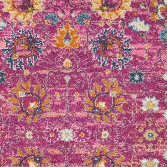 8' Fuchsia And Orange Floral Distressed Runner Rug Photo 8