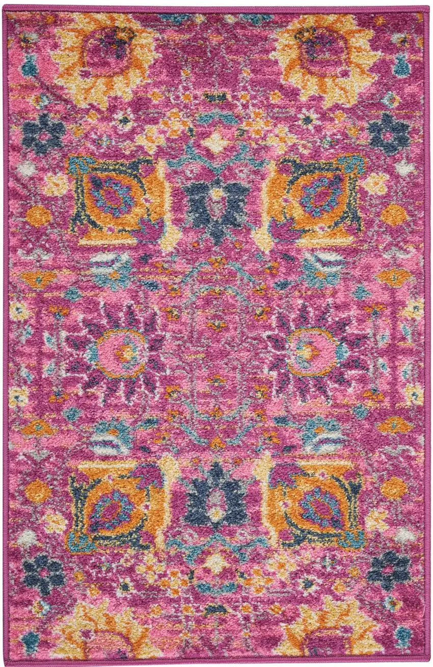 Fuchsia And Orange Floral Distressed Area Rug Photo 8