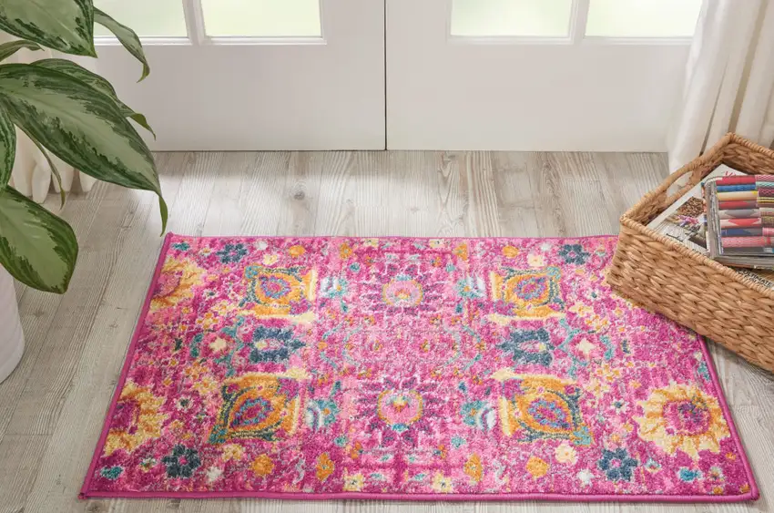 Fuchsia And Orange Floral Distressed Area Rug Photo 4