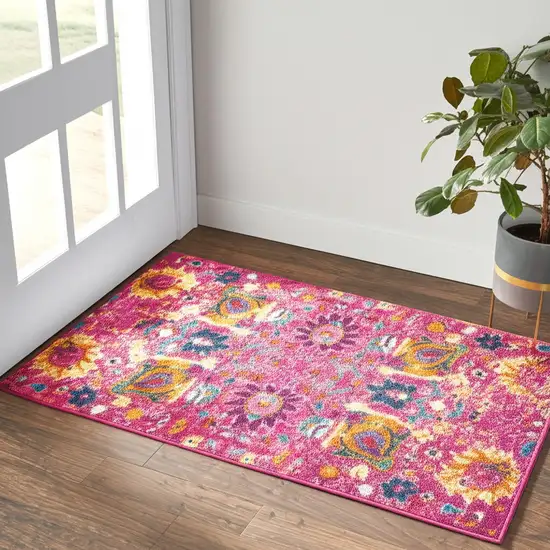 Fuchsia And Orange Floral Distressed Area Rug Photo 2