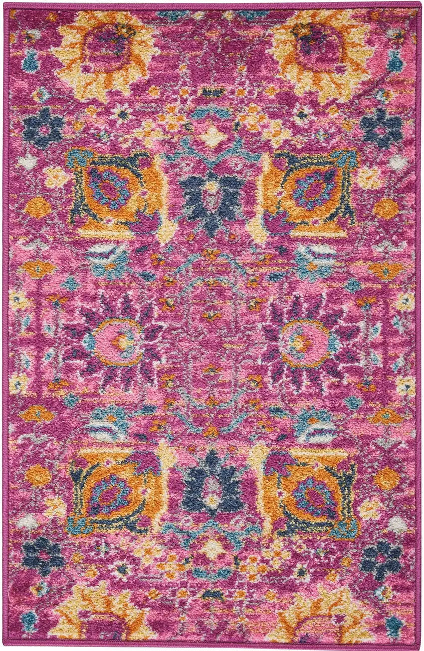 Fuchsia And Orange Floral Distressed Area Rug Photo 6
