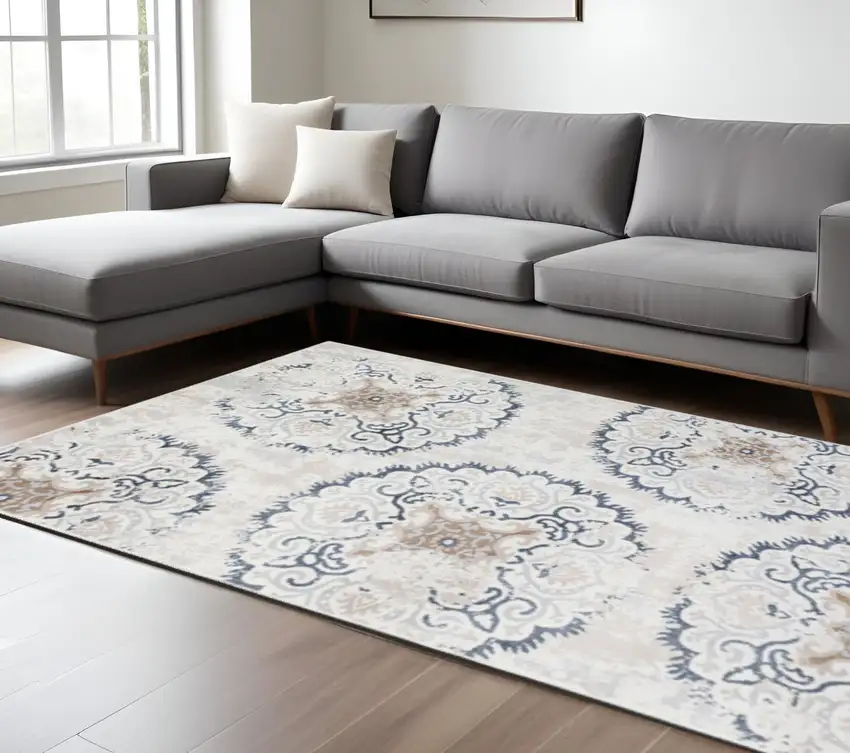 Ivory Gray And Brown Geometric Area Rug Photo 1