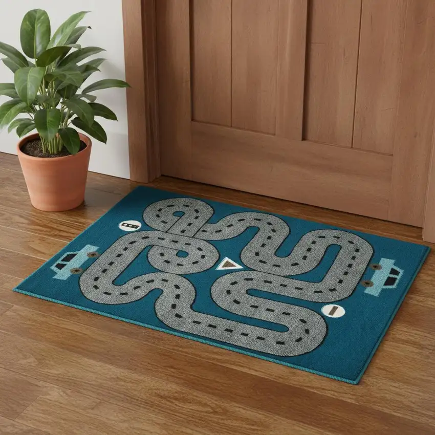 Navy Blue Transportation Youthful Washable Area Rug Photo 1