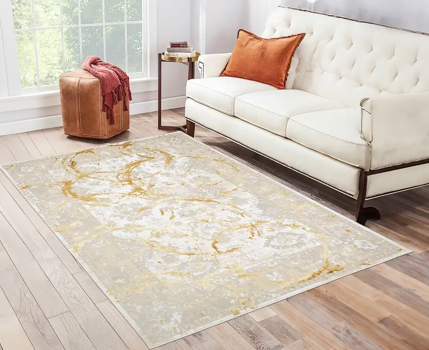 Gold Abstract Area Rug With Fringe Photo 6
