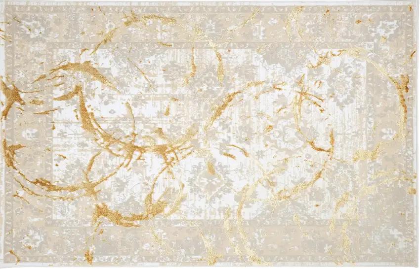Gold Abstract Area Rug With Fringe Photo 2