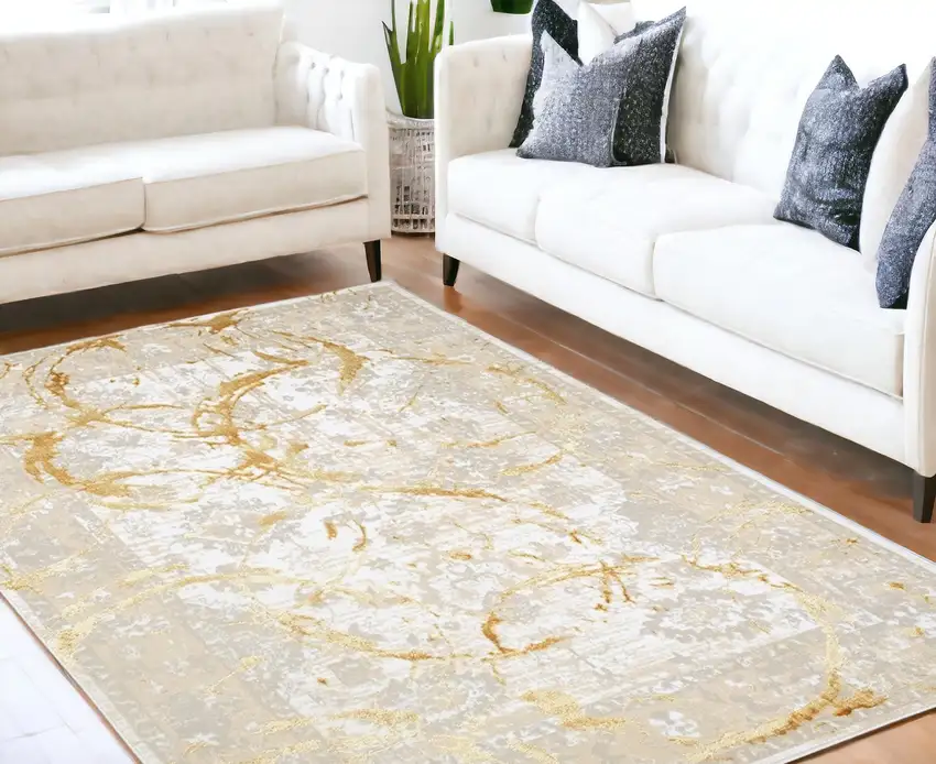 Gold Abstract Area Rug With Fringe Photo 1