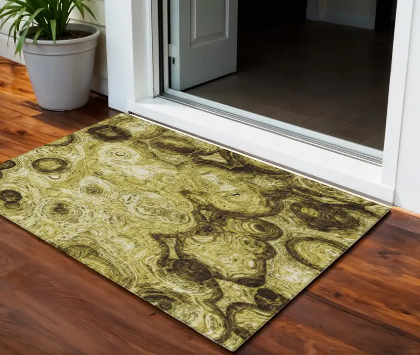 Gold Abstract Washable Indoor Outdoor Area Rug Photo 1