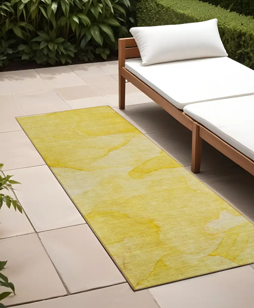 Gold Abstract Washable Non Skid Indoor Outdoor Runner Rug Photo 1