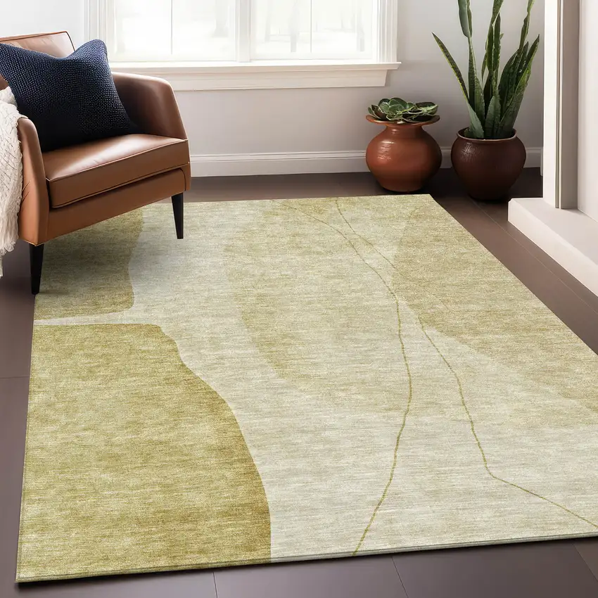 Gold And Beige Abstract Washable Area Rug With UV Protection Photo 7