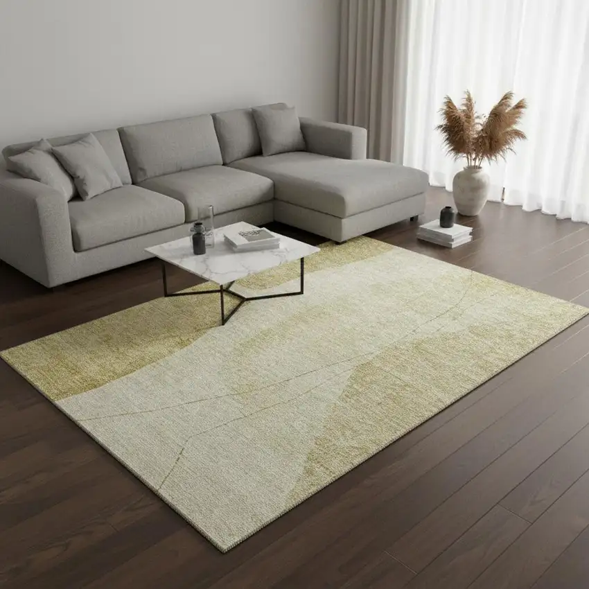 Gold And Beige Abstract Washable Area Rug With UV Protection Photo 1