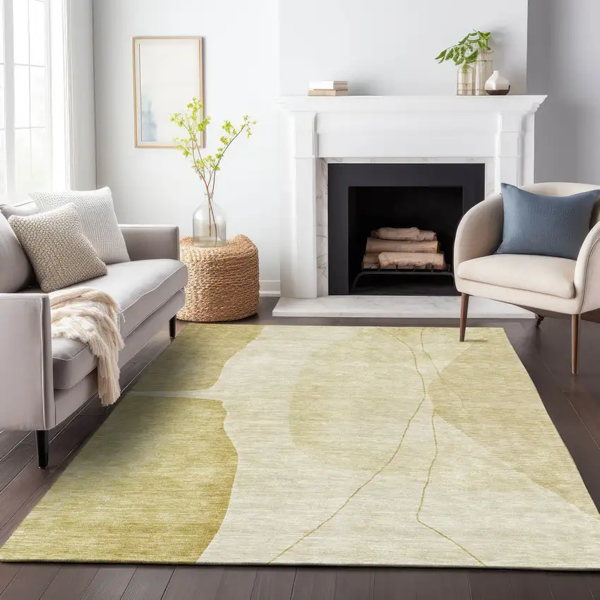 Gold And Beige Abstract Washable Area Rug With UV Protection Photo 6