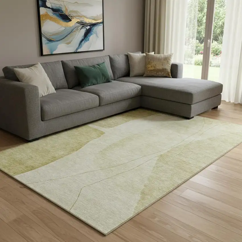 Gold And Beige Abstract Washable Area Rug With UV Protection Photo 1