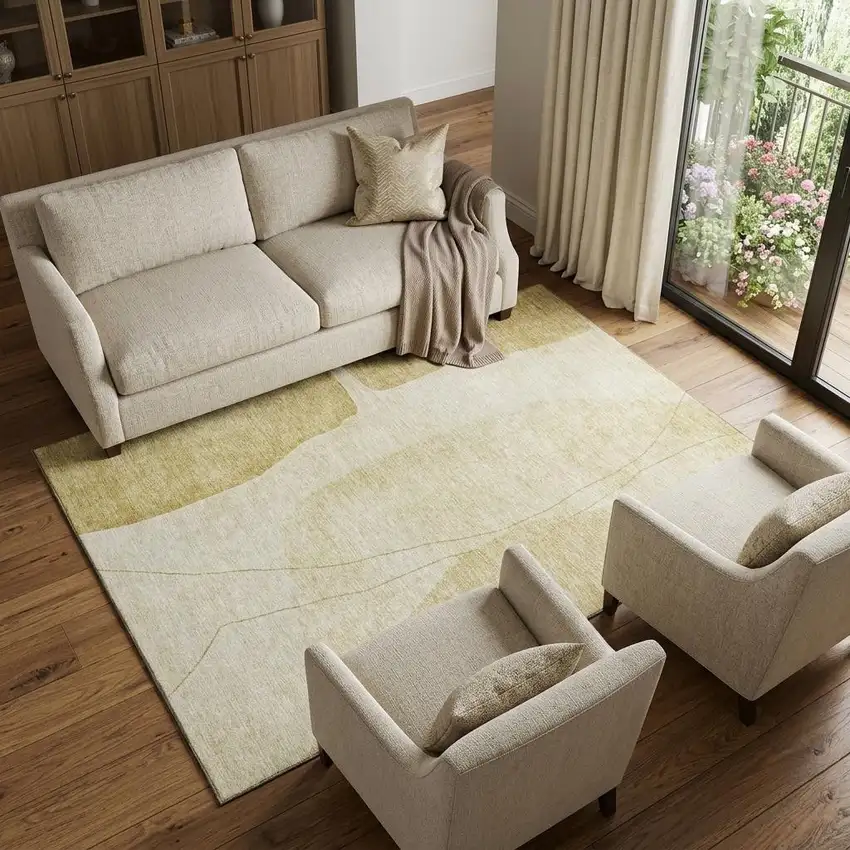 Gold And Beige Abstract Washable Area Rug With UV Protection Photo 1