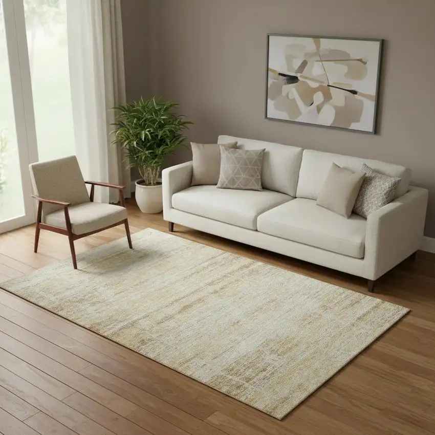 Gold And Beige Abstract Washable Area Rug With UV Protection Photo 1