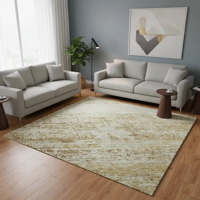 Gold And Beige Abstract Washable Area Rug With UV Protection Photo 2