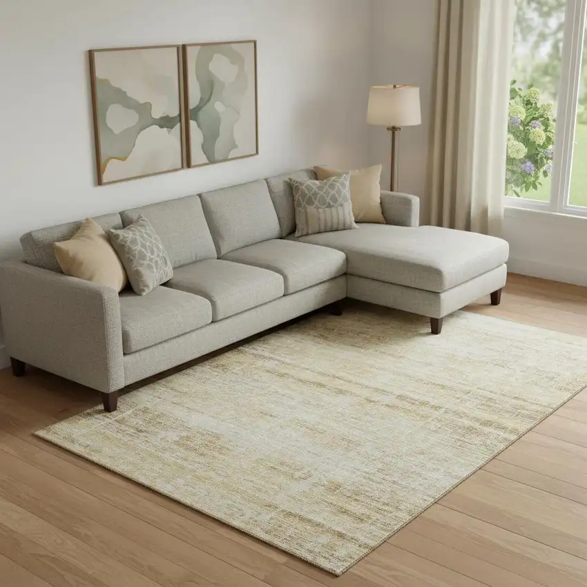 Gold And Beige Abstract Washable Area Rug With UV Protection Photo 1