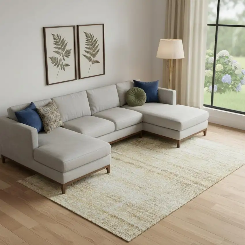 Gold And Beige Abstract Washable Area Rug With UV Protection Photo 1