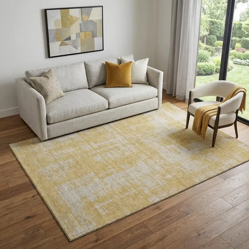 Gold And Beige Abstract Washable Area Rug With UV Protection Photo 1
