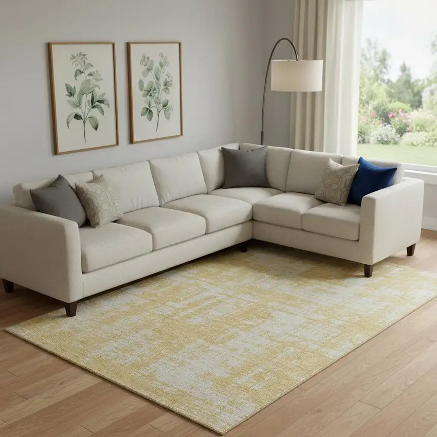 Gold And Beige Abstract Washable Area Rug With UV Protection Photo 1