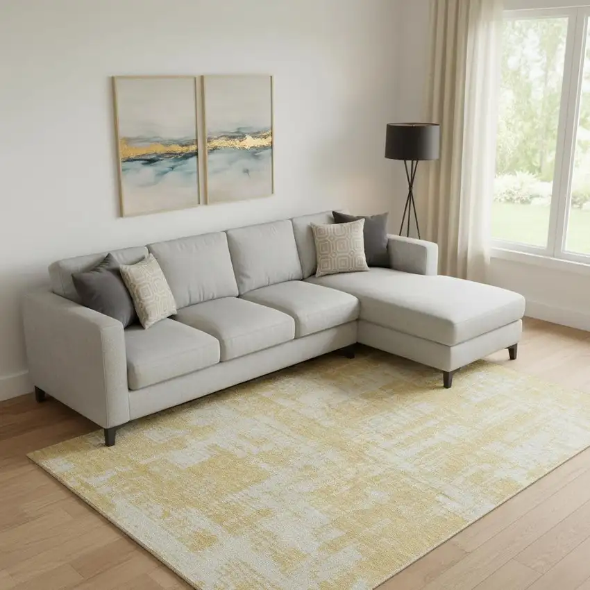 Gold And Beige Abstract Washable Area Rug With UV Protection Photo 1