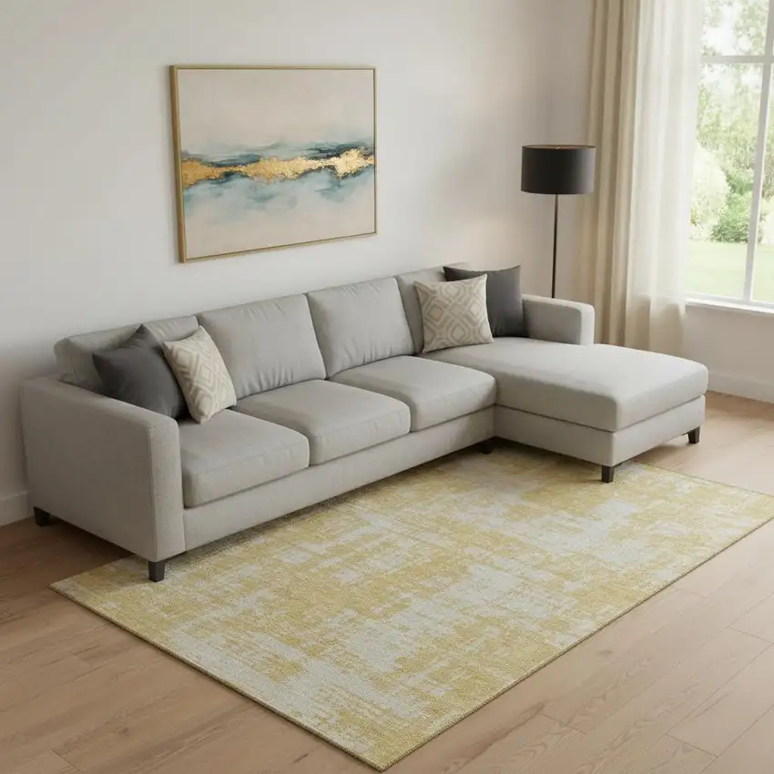 Gold And Beige Abstract Washable Area Rug With UV Protection Photo 1