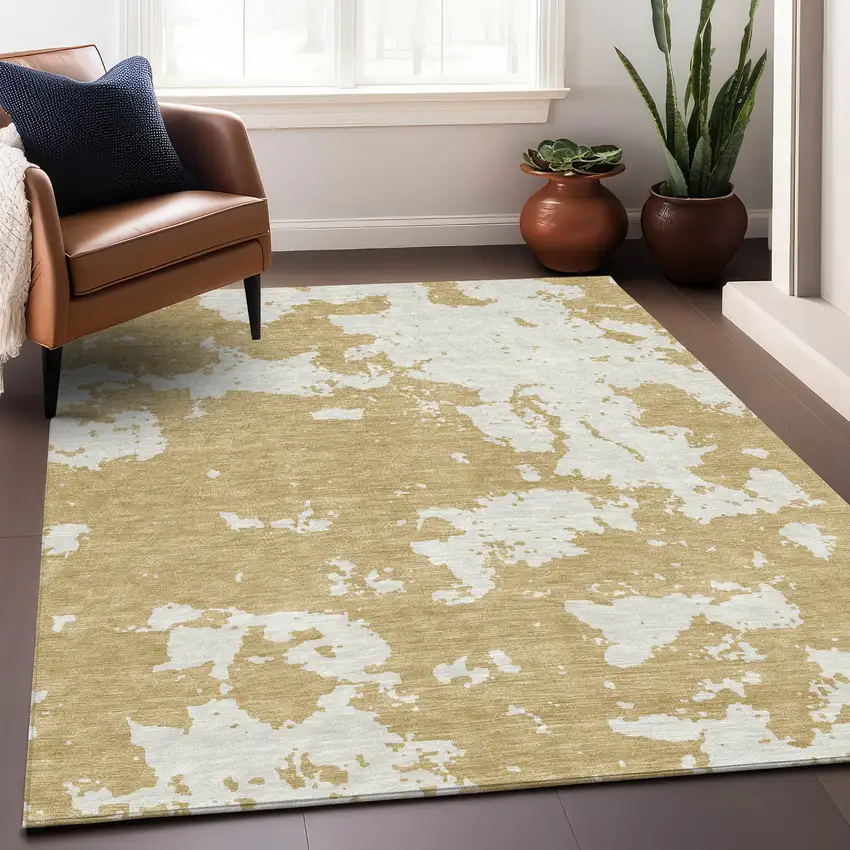 Gold And Beige Abstract Washable Area Rug With UV Protection Photo 5