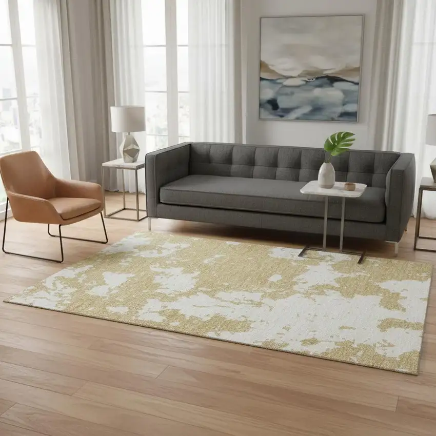 Gold And Beige Abstract Washable Area Rug With UV Protection Photo 2