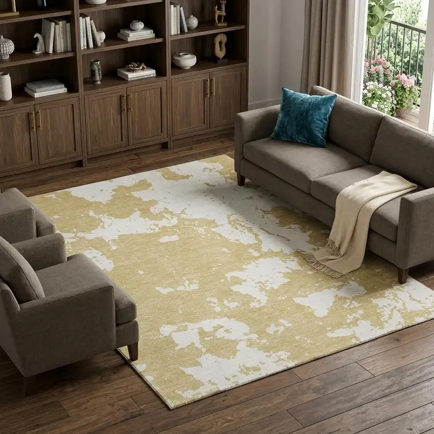Gold And Beige Abstract Washable Area Rug With UV Protection Photo 1
