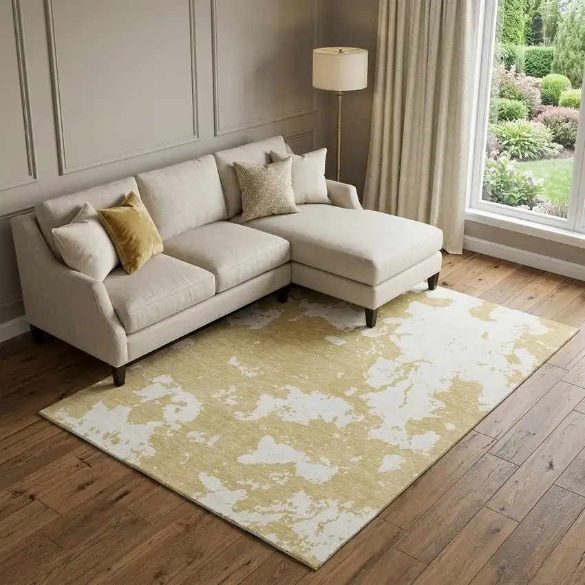 Gold And Beige Abstract Washable Area Rug With UV Protection Photo 1