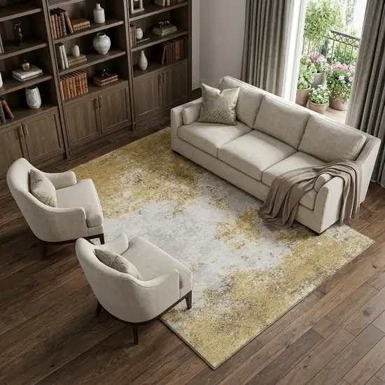 Gold And Beige Abstract Washable Area Rug With UV Protection Photo 1