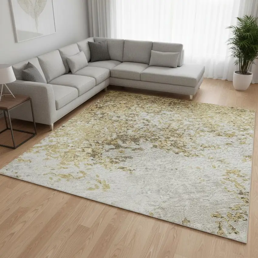 Gold And Beige Abstract Washable Area Rug With UV Protection Photo 2