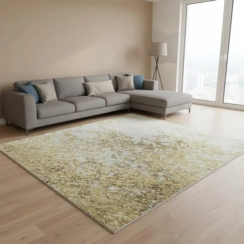 Gold And Beige Abstract Washable Area Rug With UV Protection Photo 2