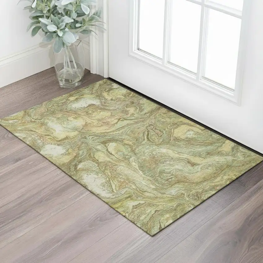 Gold And Beige Abstract Washable Area Rug With UV Protection Photo 2