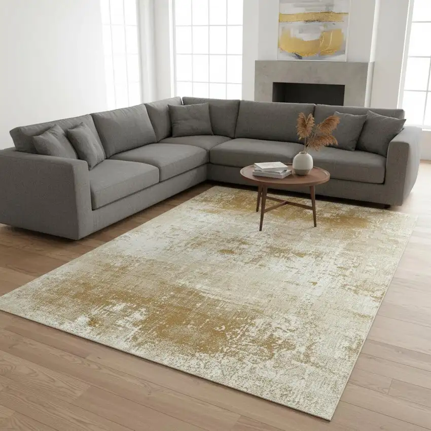 Gold And Beige Abstract Washable Area Rug With UV Protection Photo 1