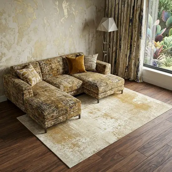 Gold And Beige Abstract Washable Area Rug With UV Protection Photo 1