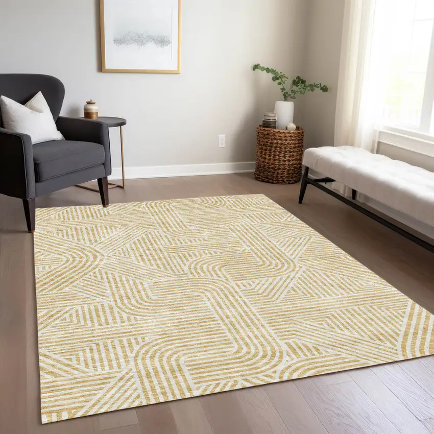 Gold And Beige Abstract Washable Indoor Outdoor Area Rug Photo 9