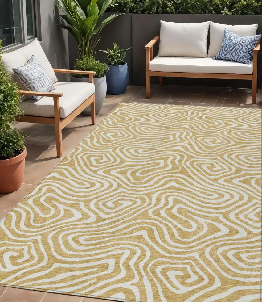 Gold And Beige Abstract Washable Indoor Outdoor Area Rug Photo 1